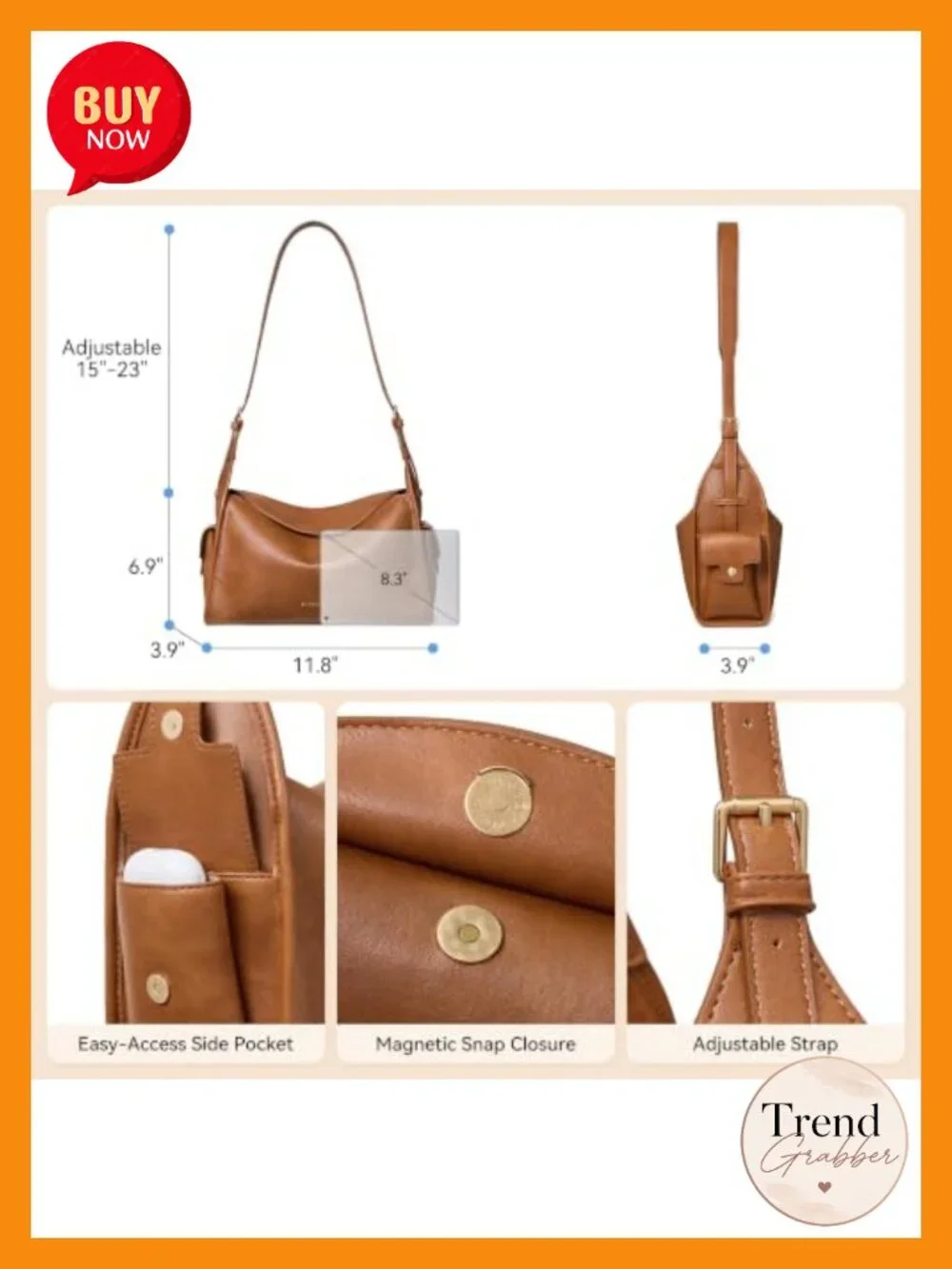 Vegan Leather Slouchy Hobo Shoulder Bag with Cargo Side Pockets